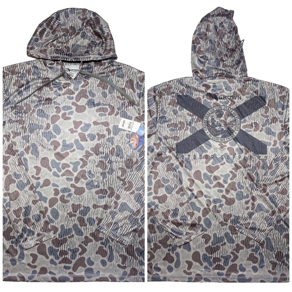 FLOGROWN Long Sleeve Hoodie Shirt Fishing Florida State Flag Camo Gray Blue XL